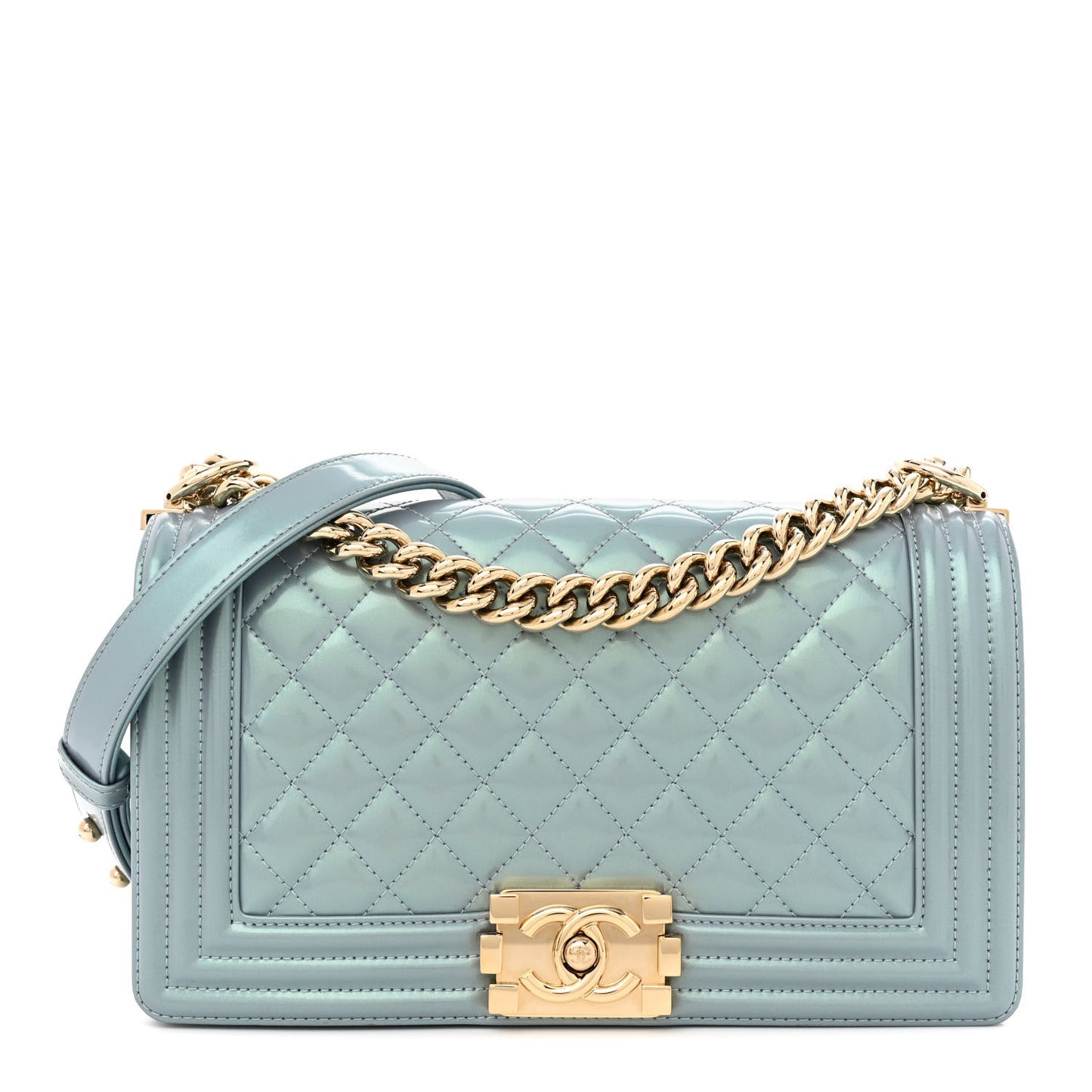 Iridescent Patent Calfskin Quilted Medium Boy Flap Light Blue