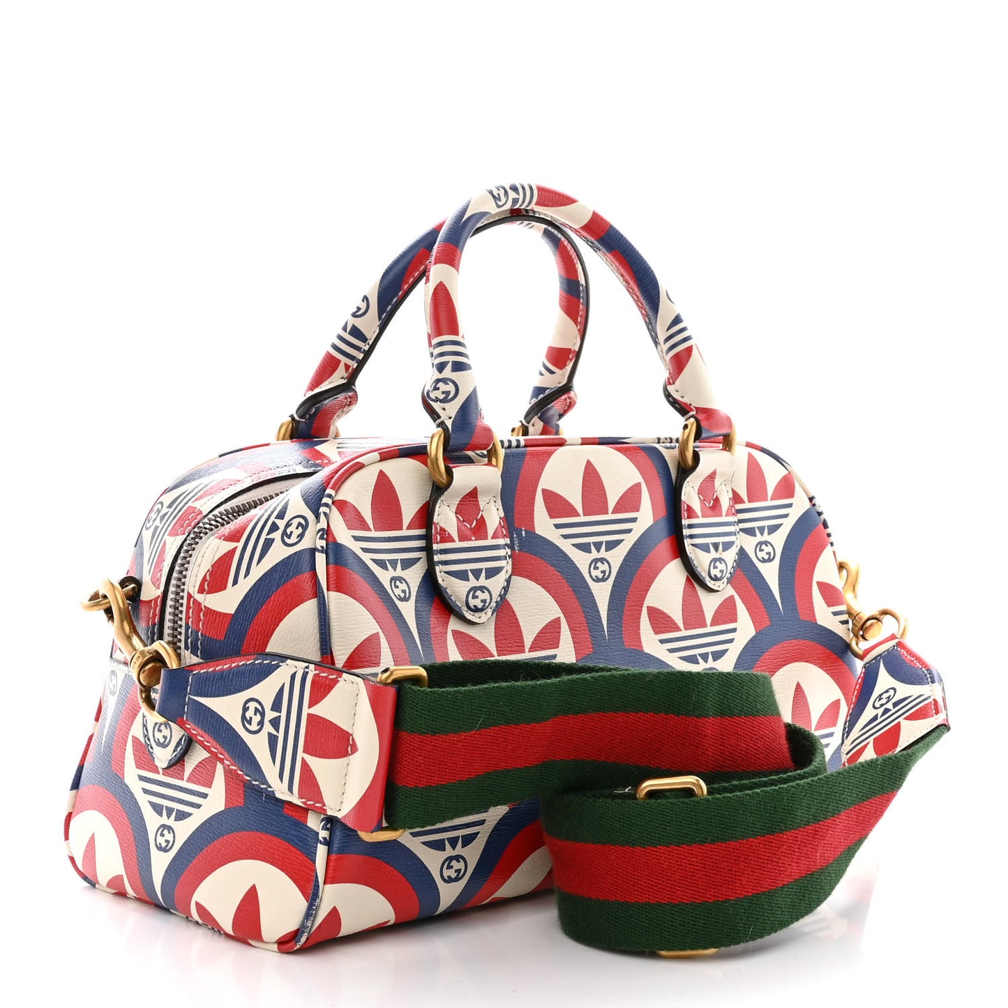 X ADIDAS Shangai Calfskin Web Trefoil Interlocking G Mini Duffle Bag Red White Blue