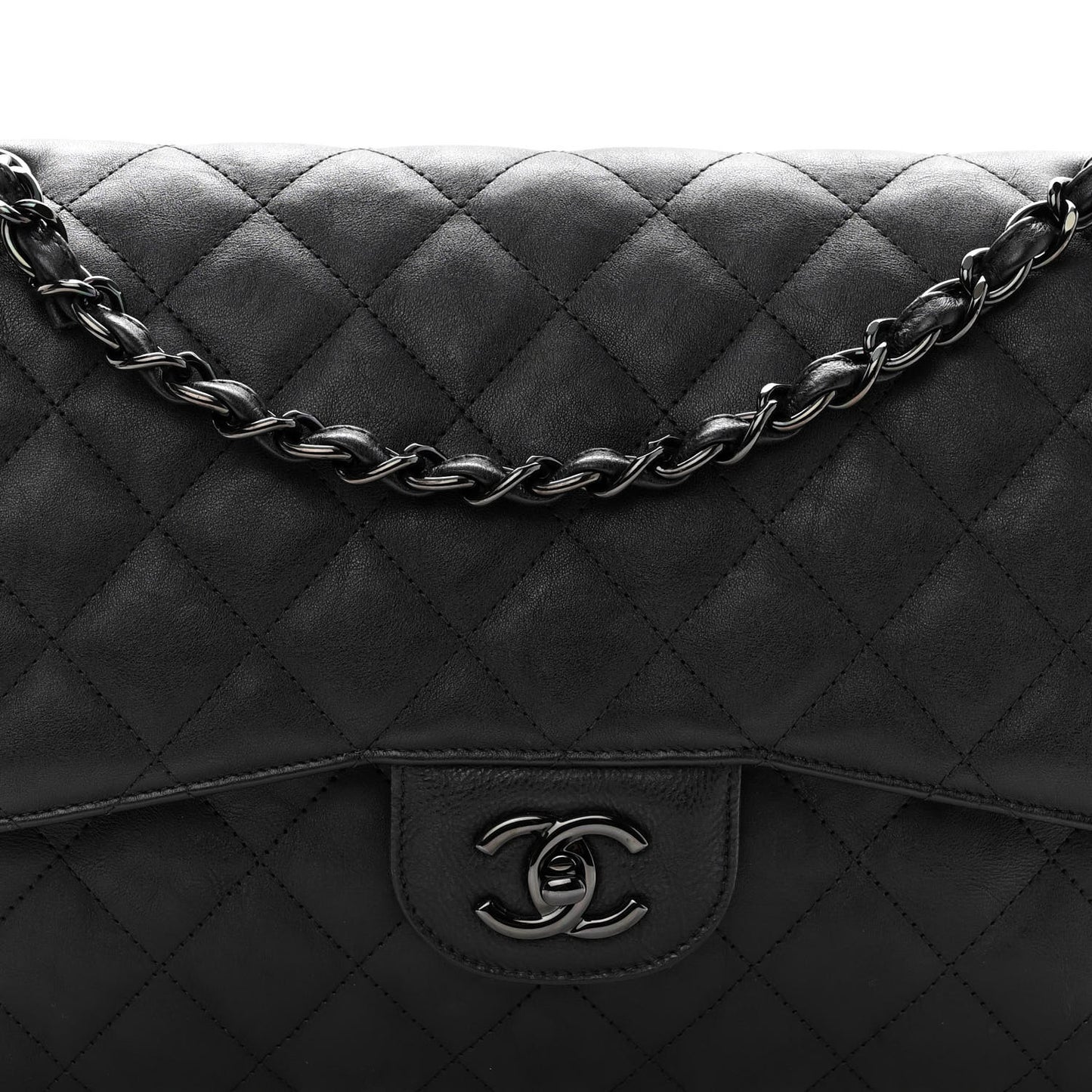 Crumpled Calfskin Quilted Jumbo Double Flap So Black