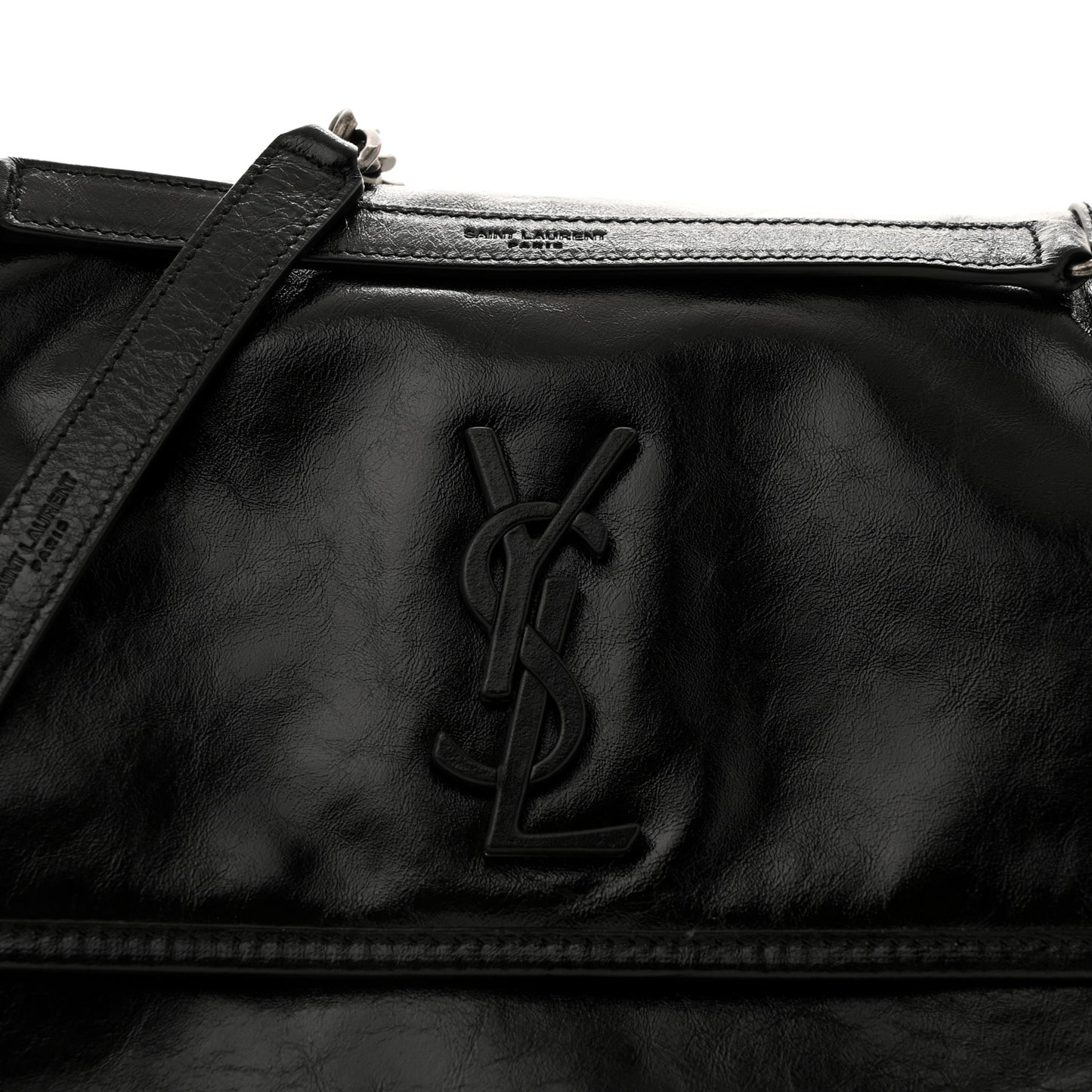 Crinkled Calfskin Monogram Medium Niki Chain Satchel Black