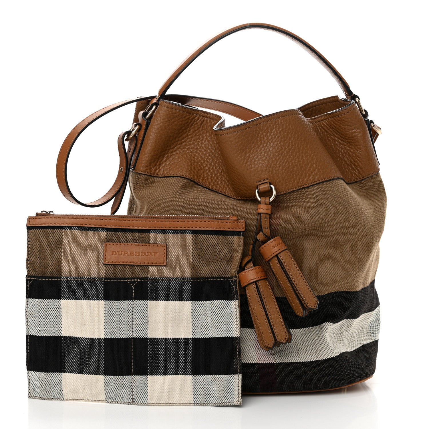 Burberry Grainy Calfskin Canvas Mega Check Medium Ashby Tassel Hobo Saddle Brown 3 of 13