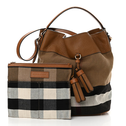 Burberry Grainy Calfskin Canvas Mega Check Medium Ashby Tassel Hobo Saddle Brown 3 of 13