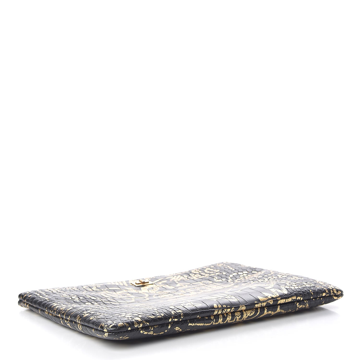 Chanel Calfskin Crocodile Embossed Graffiti 2.55 Large Cocodile Reissue Cosmetic Case Black Gold 4 of 11