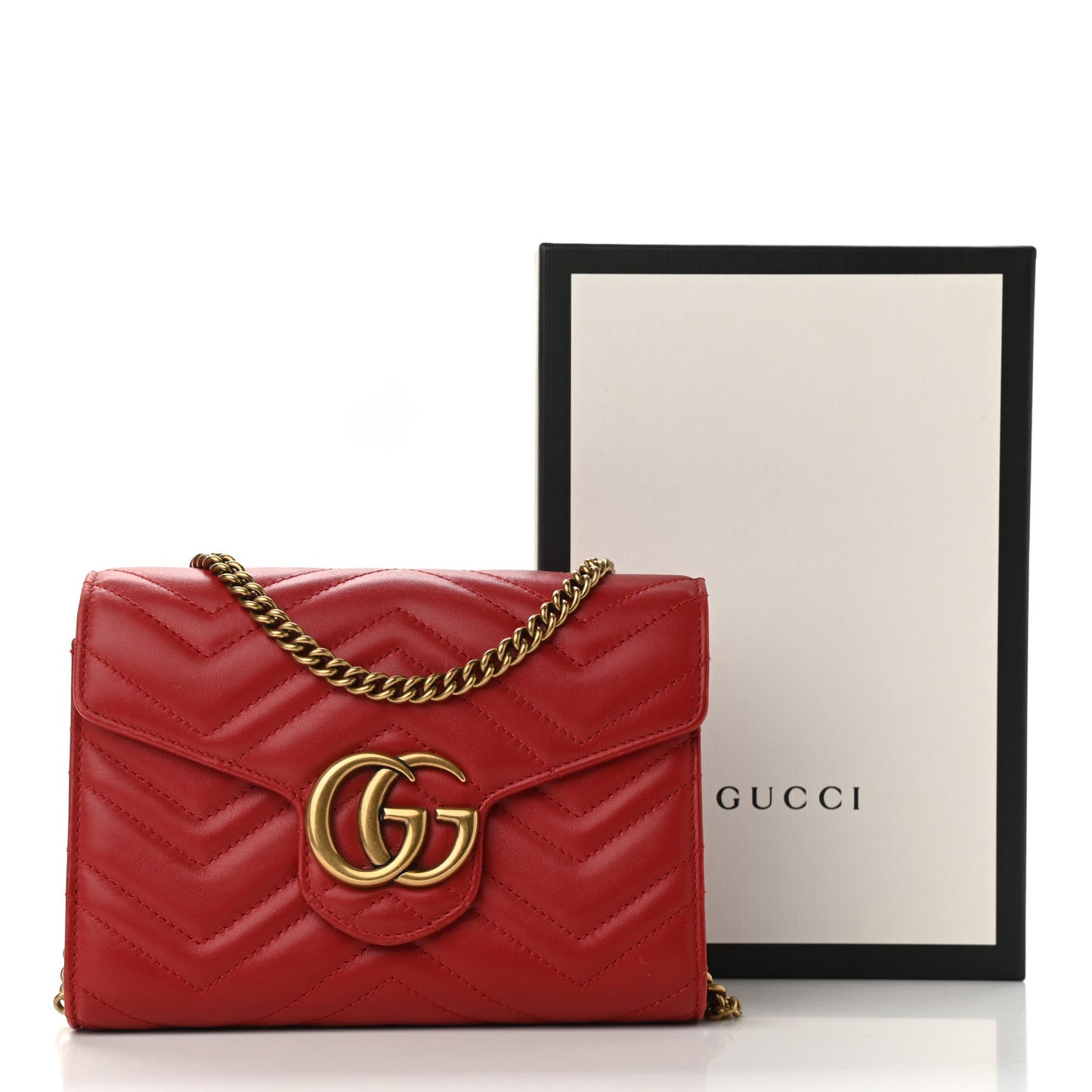 Calfskin Matelasse GG Marmont Chain Wallet Hibiscus Red