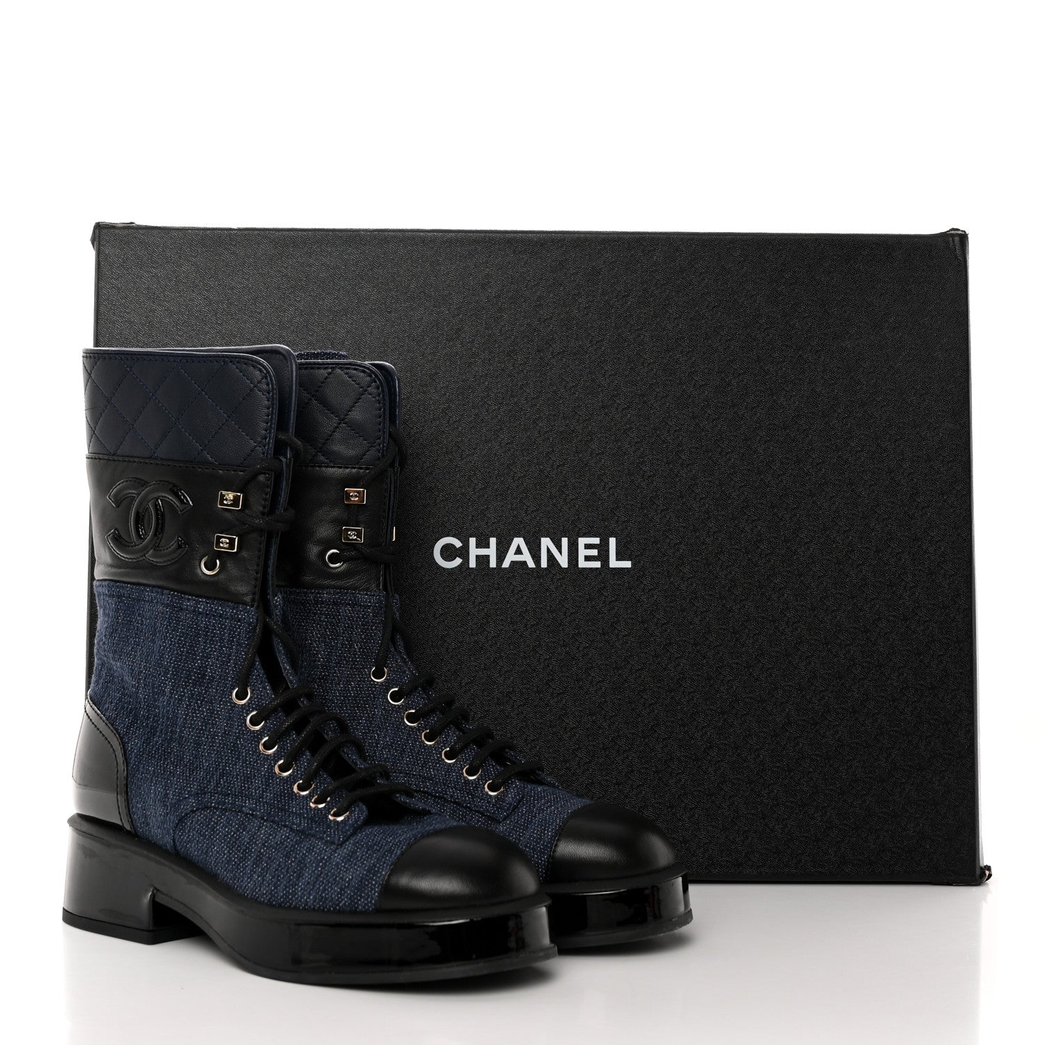 Chanel Denim Patent Lambskin Quilted CC Lace Up Combat Boots 36 Blue Black 11 of 11