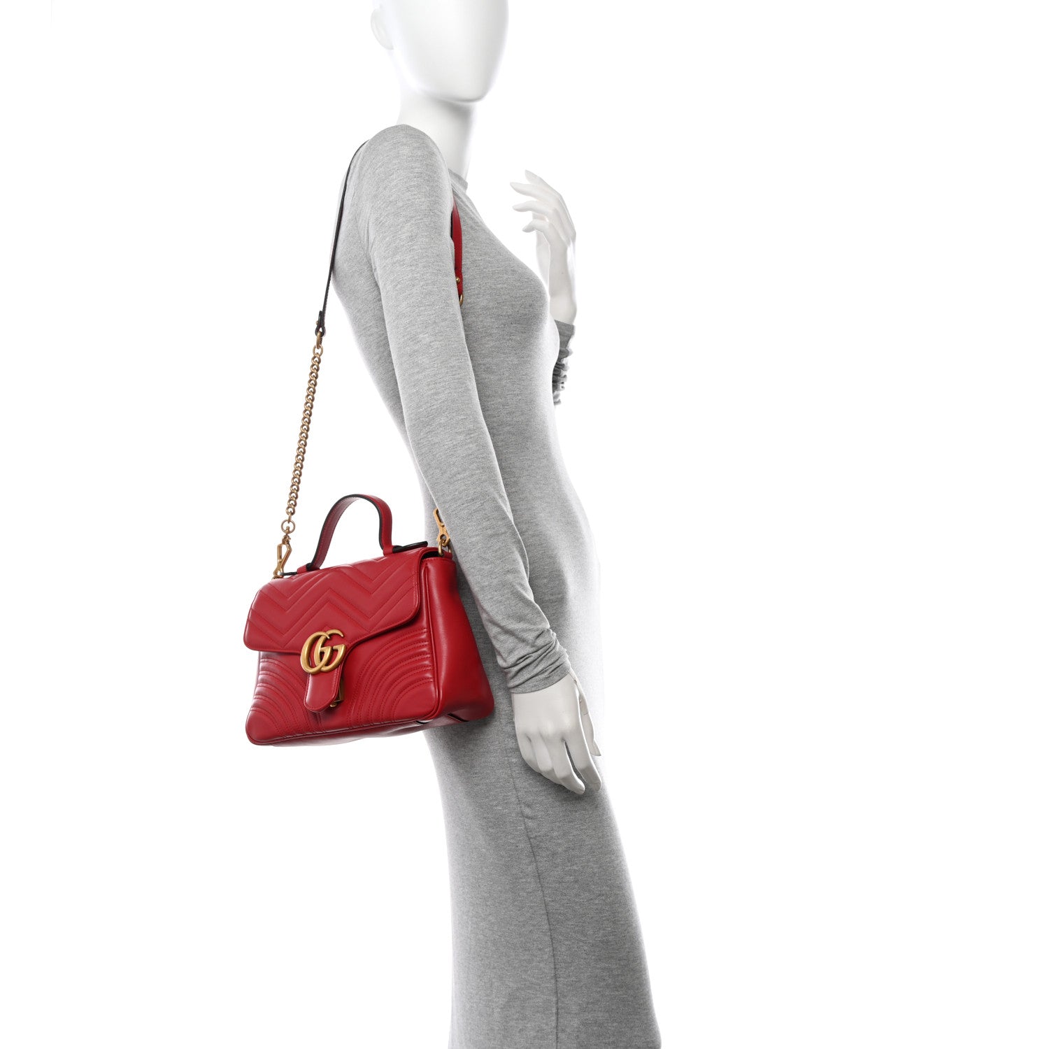 Gucci Calfskin Matelasse Small GG Marmont Top Handle Shoulder Bag Hibiscus Red 2 of 15