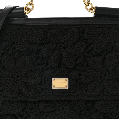 Dolce & Gabbana Calfskin Floral Knit Large Miss Sicily Satchel Black 7 of 9