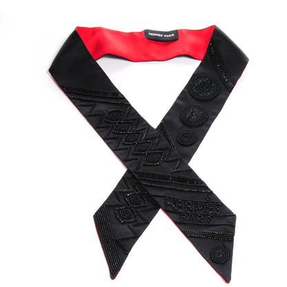 Hermes Silk Beaded Precieux Art Deco Ribbon Twilly Black 1 of 6