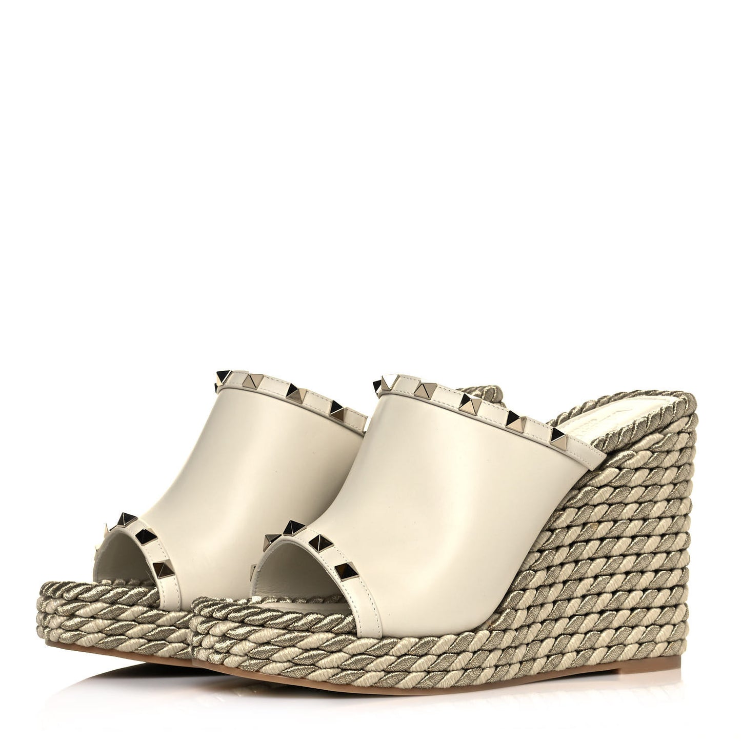 Calfskin Silk Rockstud Torchon Espadrille Wedge 25/115mm Slide Sandals 39 Light Ivory
