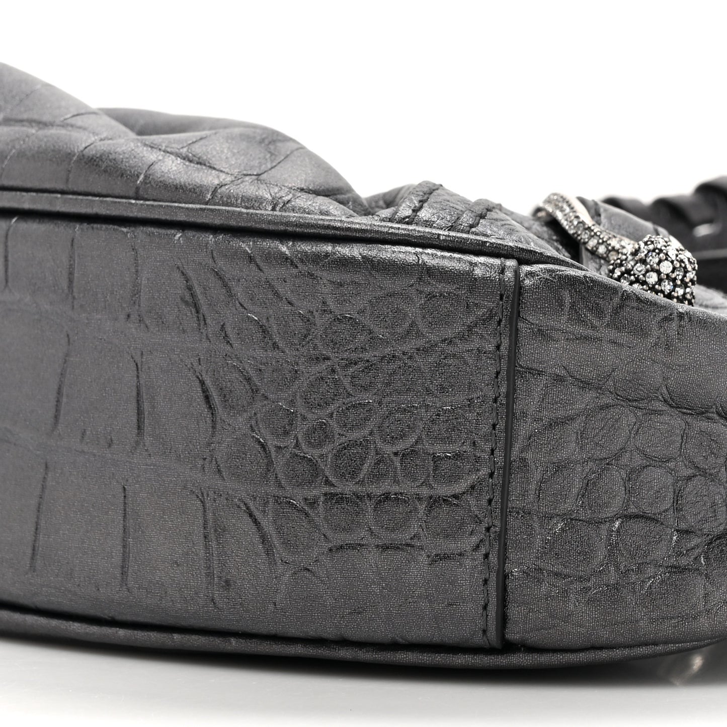 Metallic Calfskin Crocodile Embossed Crystal Le Cagole Shoulder Bag XS Gunmetal