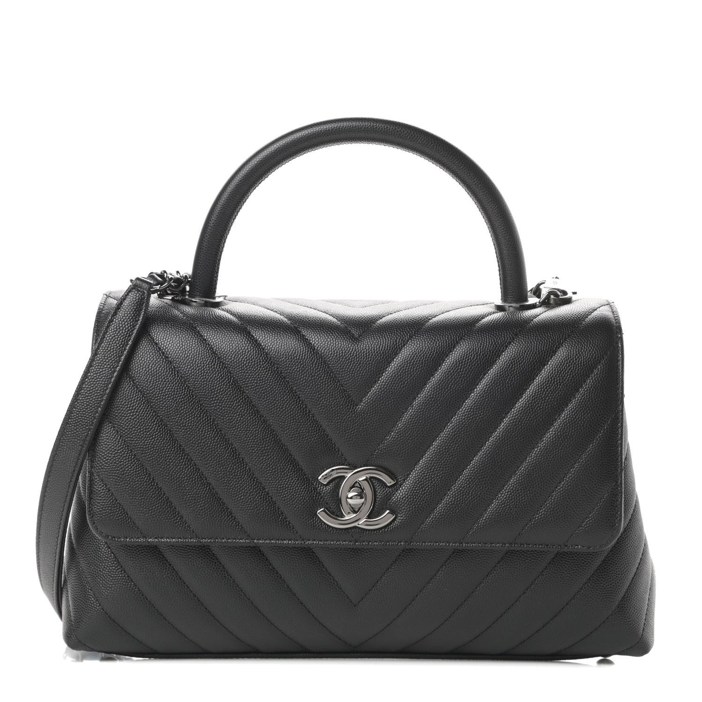 Caviar Chevron Quilted Small Coco Handle Flap Black