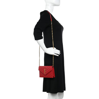Saint Laurent Grain De Poudre Matelasse Chevron Monogram Envelope Chain Wallet New Red 2 of 9
