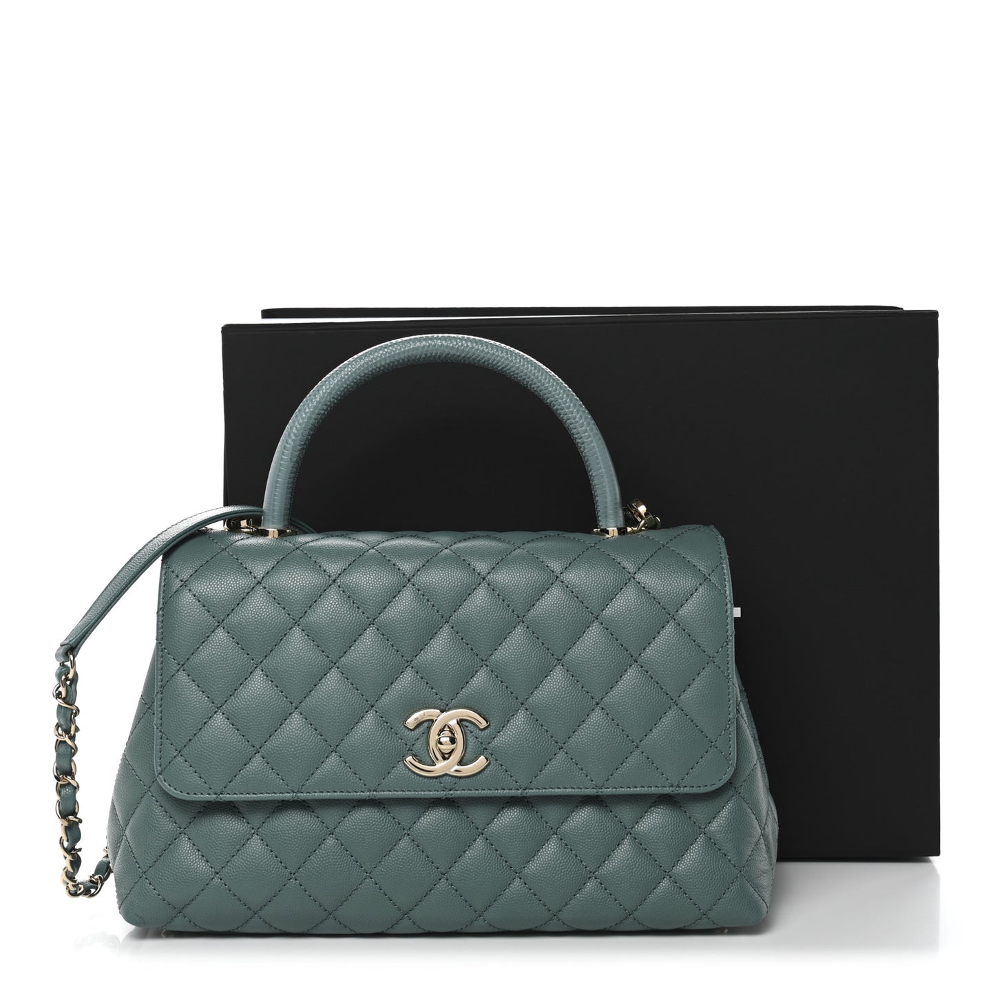 Caviar Lizard Quilted Small Coco Handle Flap Green