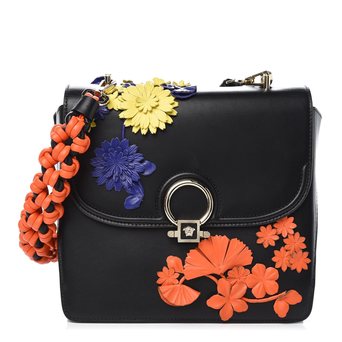 Calfskin Flower Embroidered Medium DV One Satchel Black