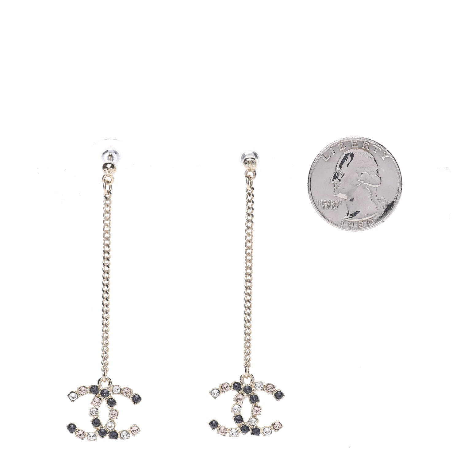 Chanel Crystal CC Drop Earrings Pink Grey Gold 2 of 5