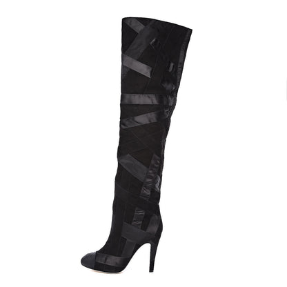 Chanel Suede Grosgrain Patchwork Over The Knee Boots 41 Black 1 of 7