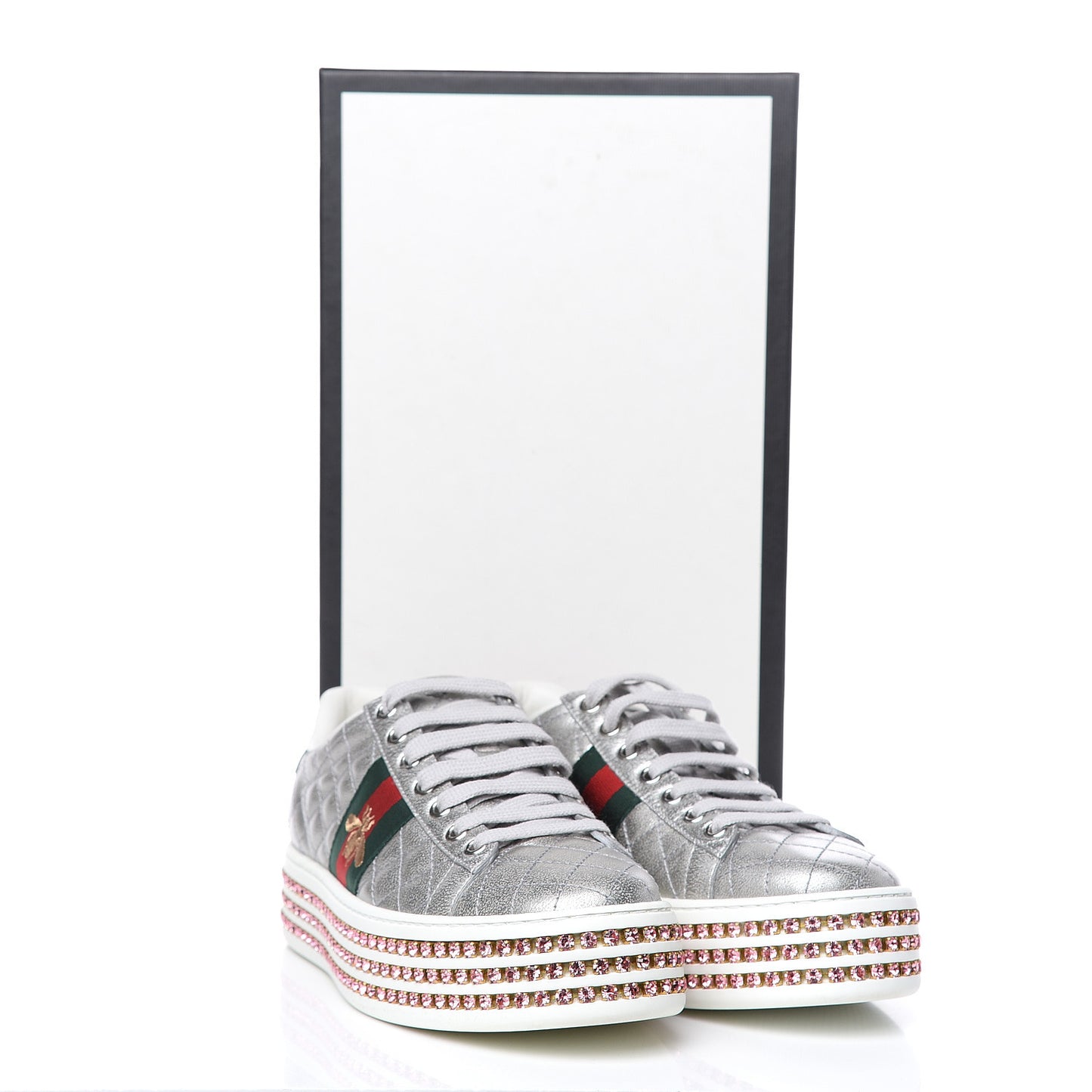 Laminated Nappa Crystal Web Bee Embroidered Trapuntata Womens Ace Platform Sneakers 37 Argento