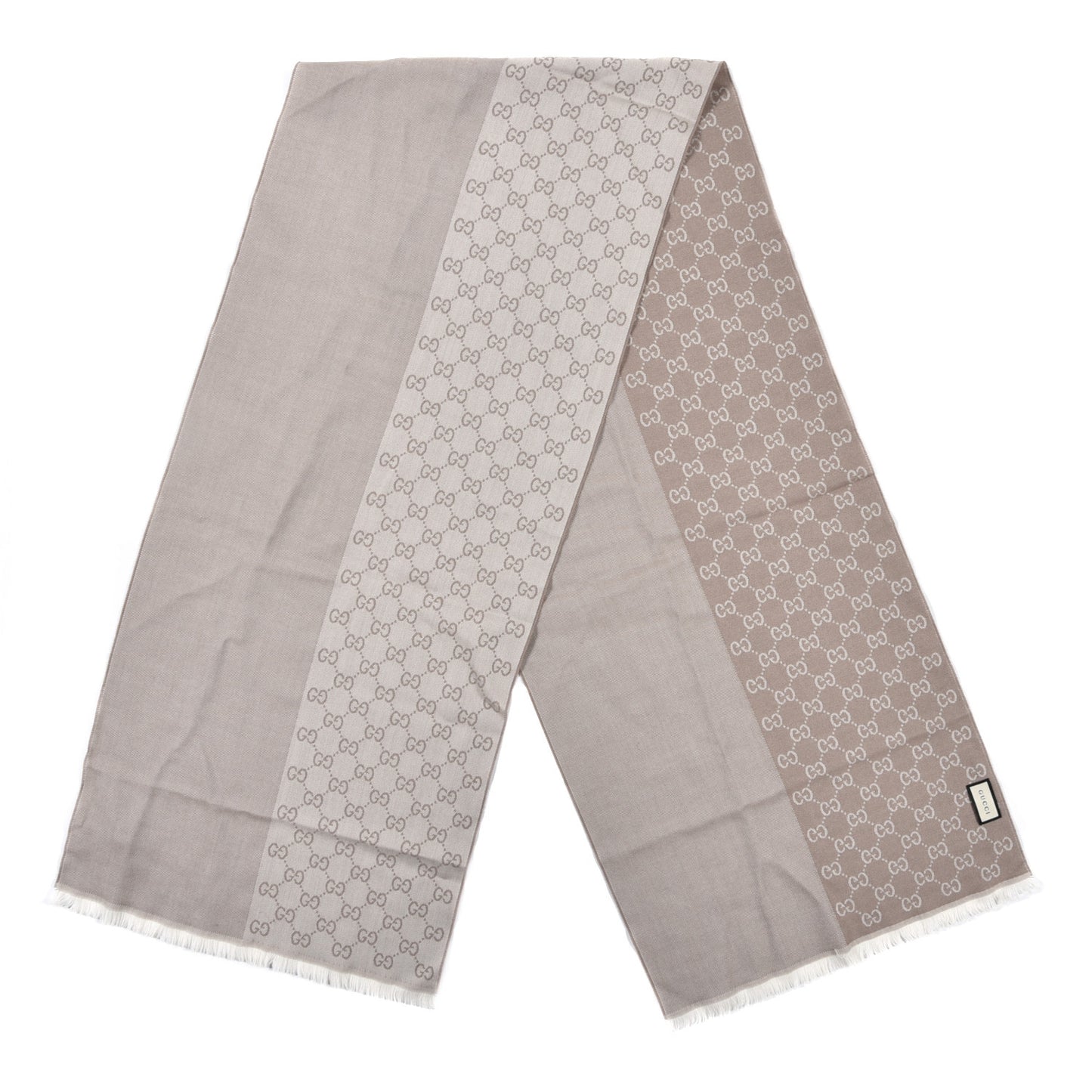 Wool GG Monogram HalfGG Fringe Scarf Ivory Beige