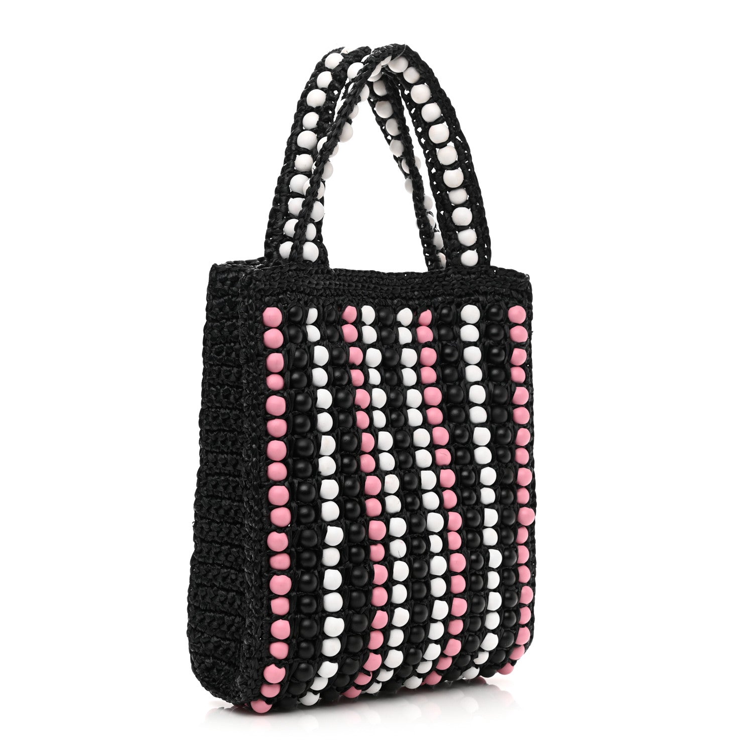 Prada Raffia Wood Bead Embroidered Logo Tote Bag Black 3 of 9