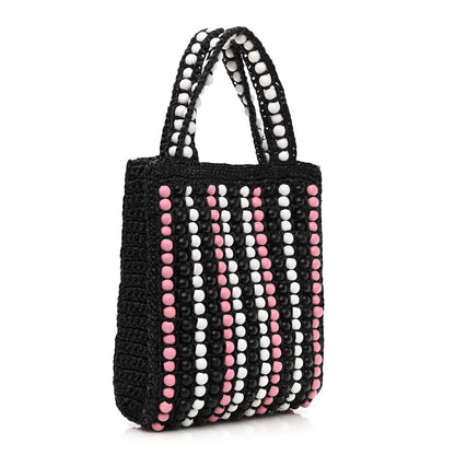Prada Raffia Wood Bead Embroidered Logo Tote Bag Black 3 of 9