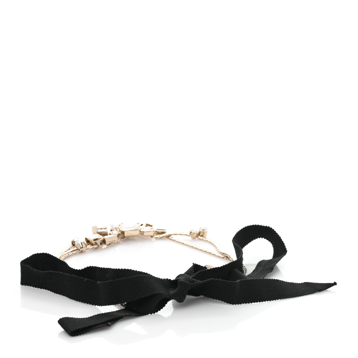 Chanel Metal Crystal Pearl Grosgrain CC Chain Tie Headband Gold 3 of 4