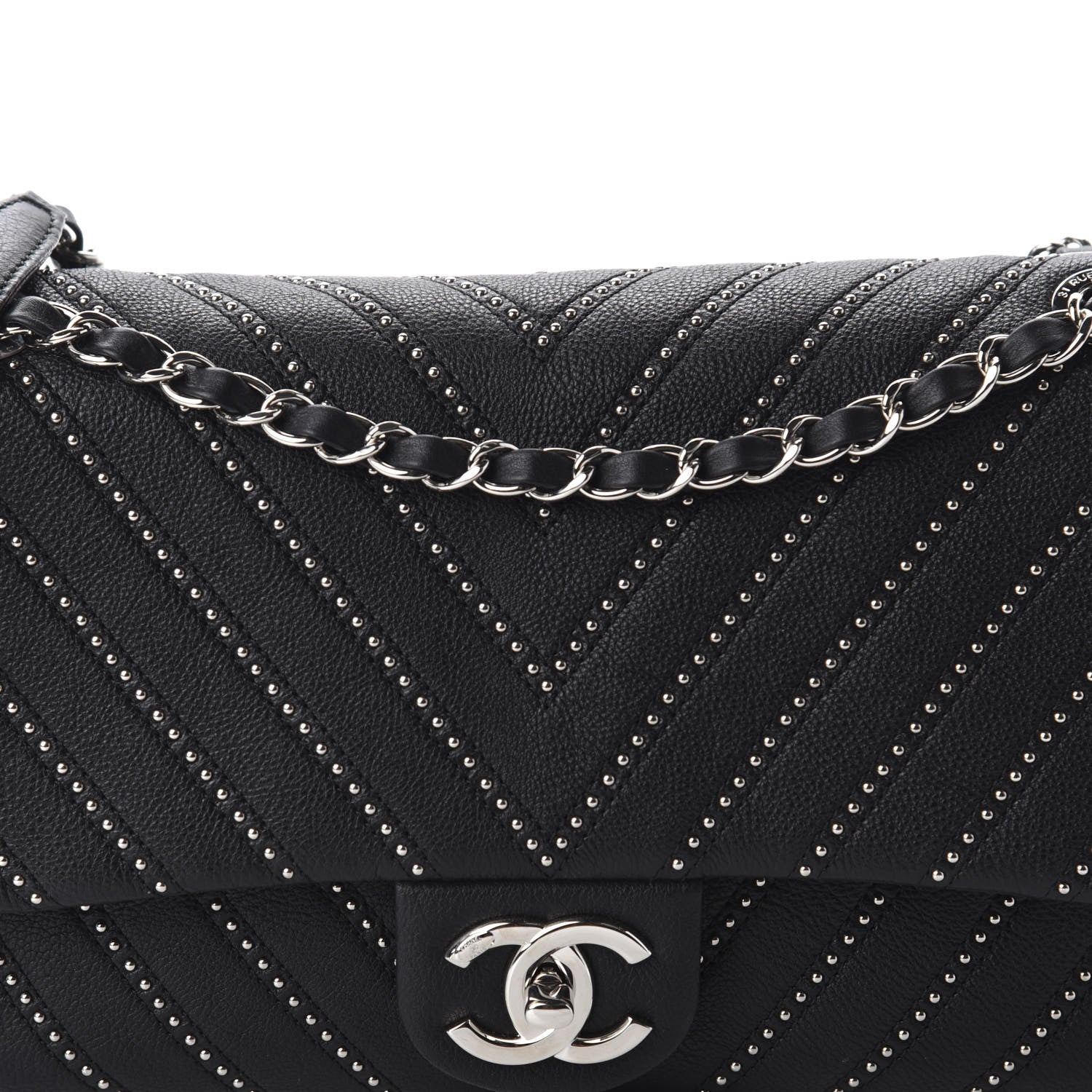 Chanel Calfskin Studded Chevron Quilted Medium Stud Wars Flap Black 10 of 10