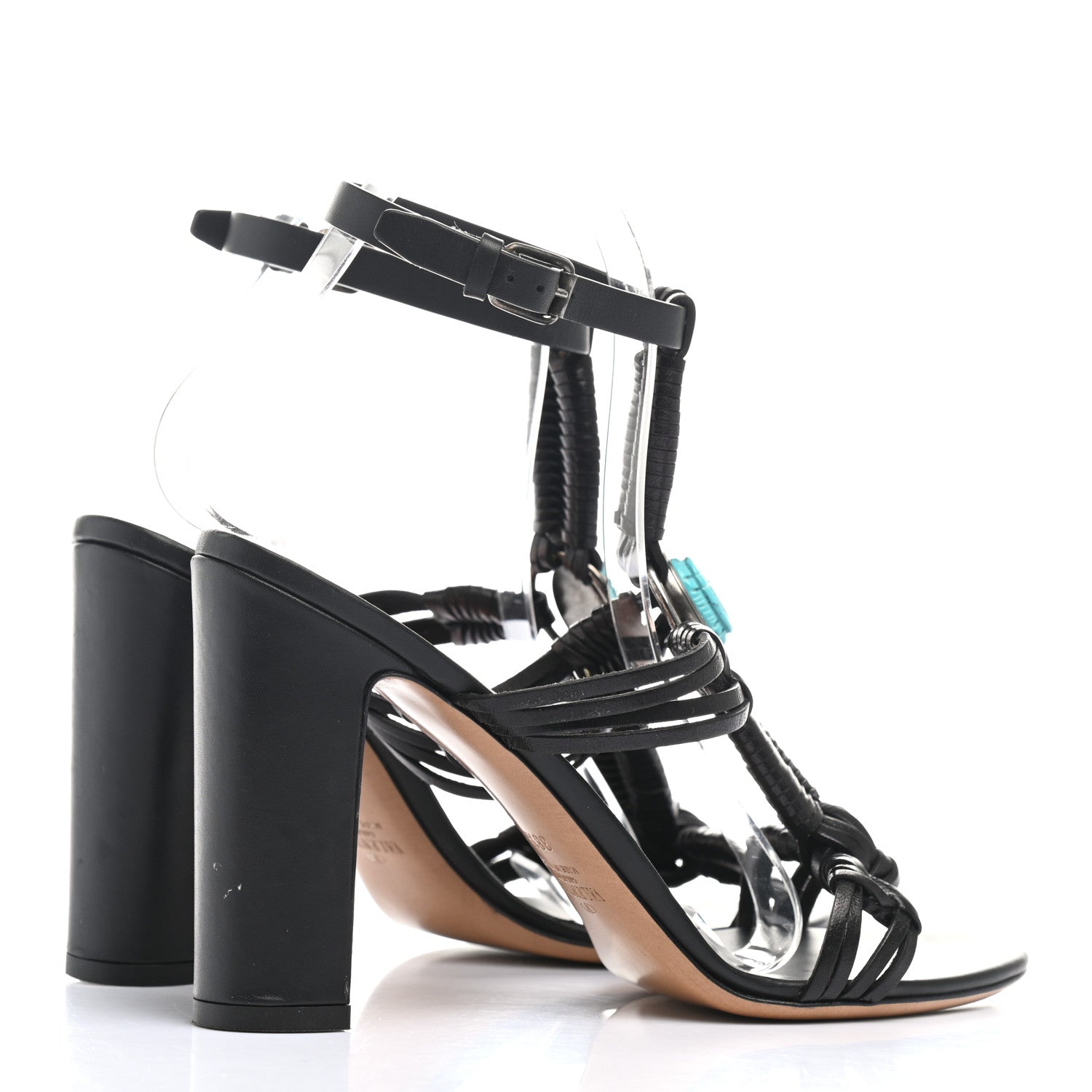 Valentino Garavani Calfskin Embellished Woven Sandals 38.5 Black Turquoise 4 of 10