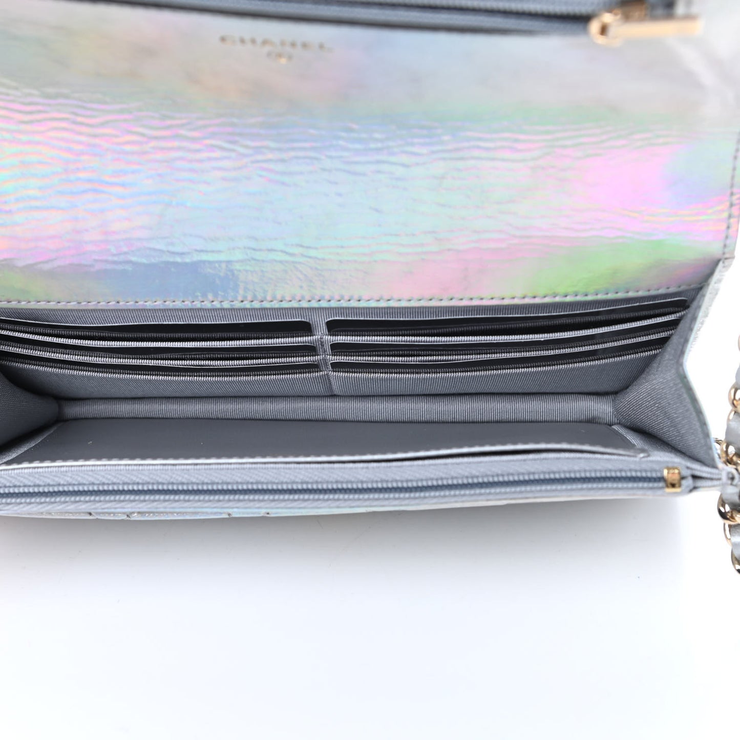 Iridescent Goatskin Quilted Wallet On Chain WOC Silver