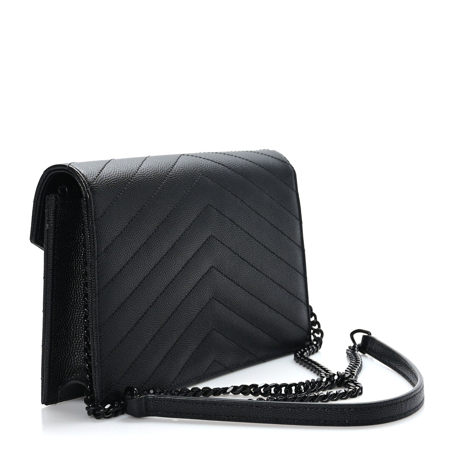 Saint Laurent Grain De Poudre Matelasse Chevron Monogram Monochrome Envelope Chain Wallet Black 3 of 11