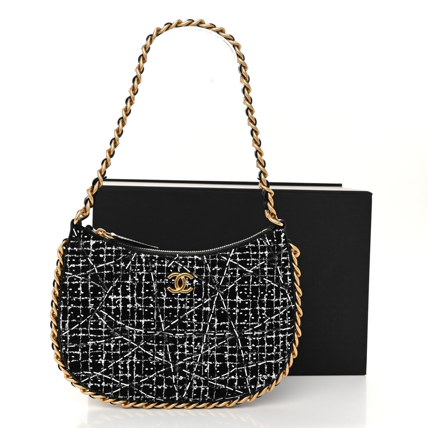 Tweed Sequin Quilted Trendy Chain Around Hobo Black White