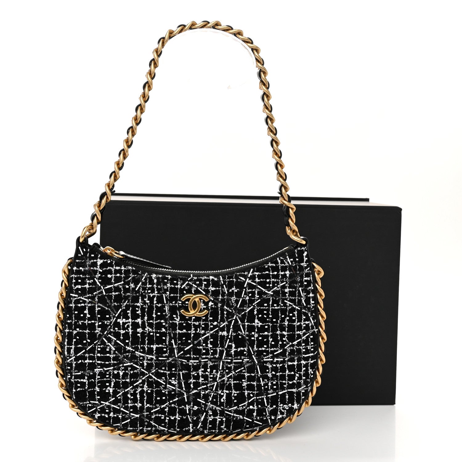 Chanel Tweed Sequin Quilted Trendy Chain Around Hobo Black White 11 of 11