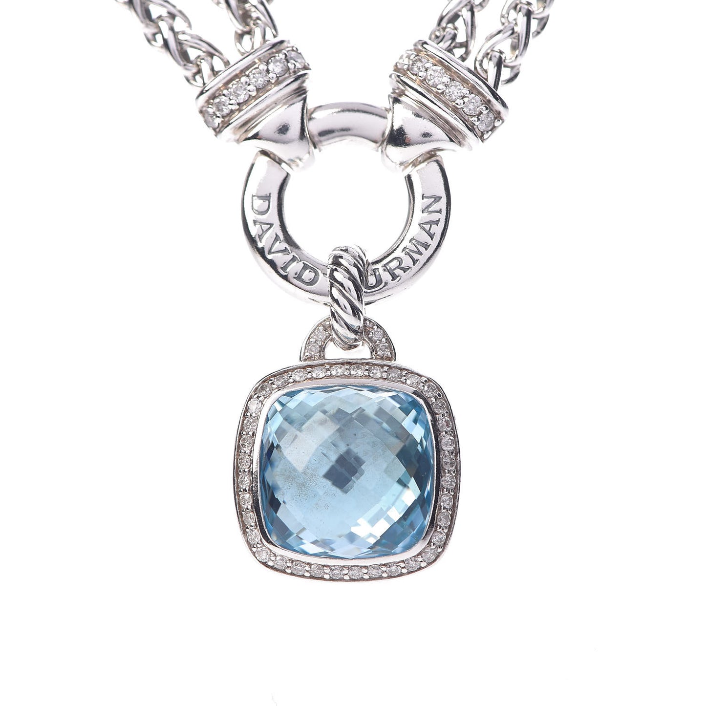 Sterling Silver Diamond Blue Topaz 14mm Albion Double Wheat Chain Pendant Necklace