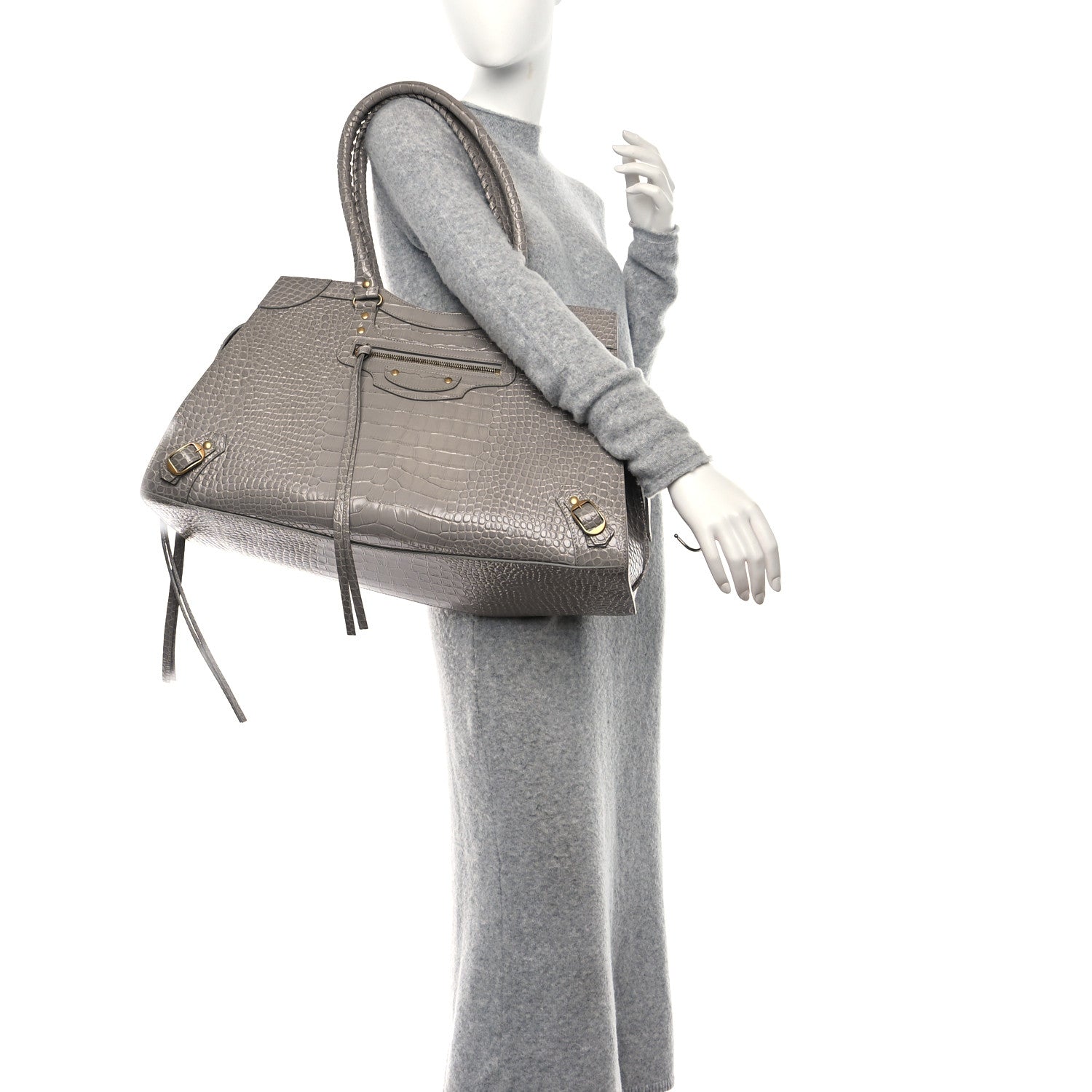 Balenciaga Semi Matte Calfskin Crocodile Embossed Neo Classic Gold Hardware Large Top Handle Bag Steel Grey 2 of 8