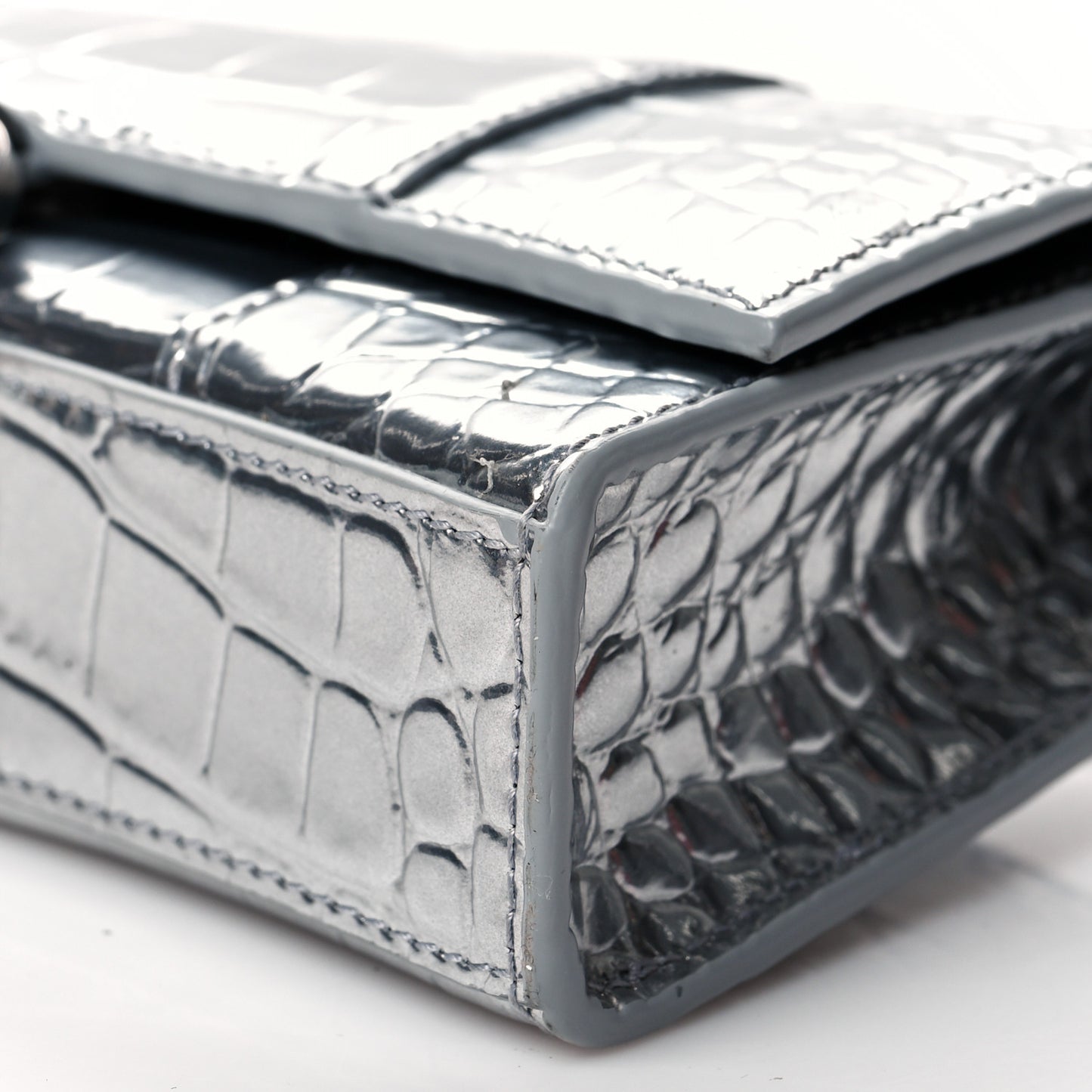 Metallic Calfskin Crocodile Embossed Hourglass Chain Bag Silver
