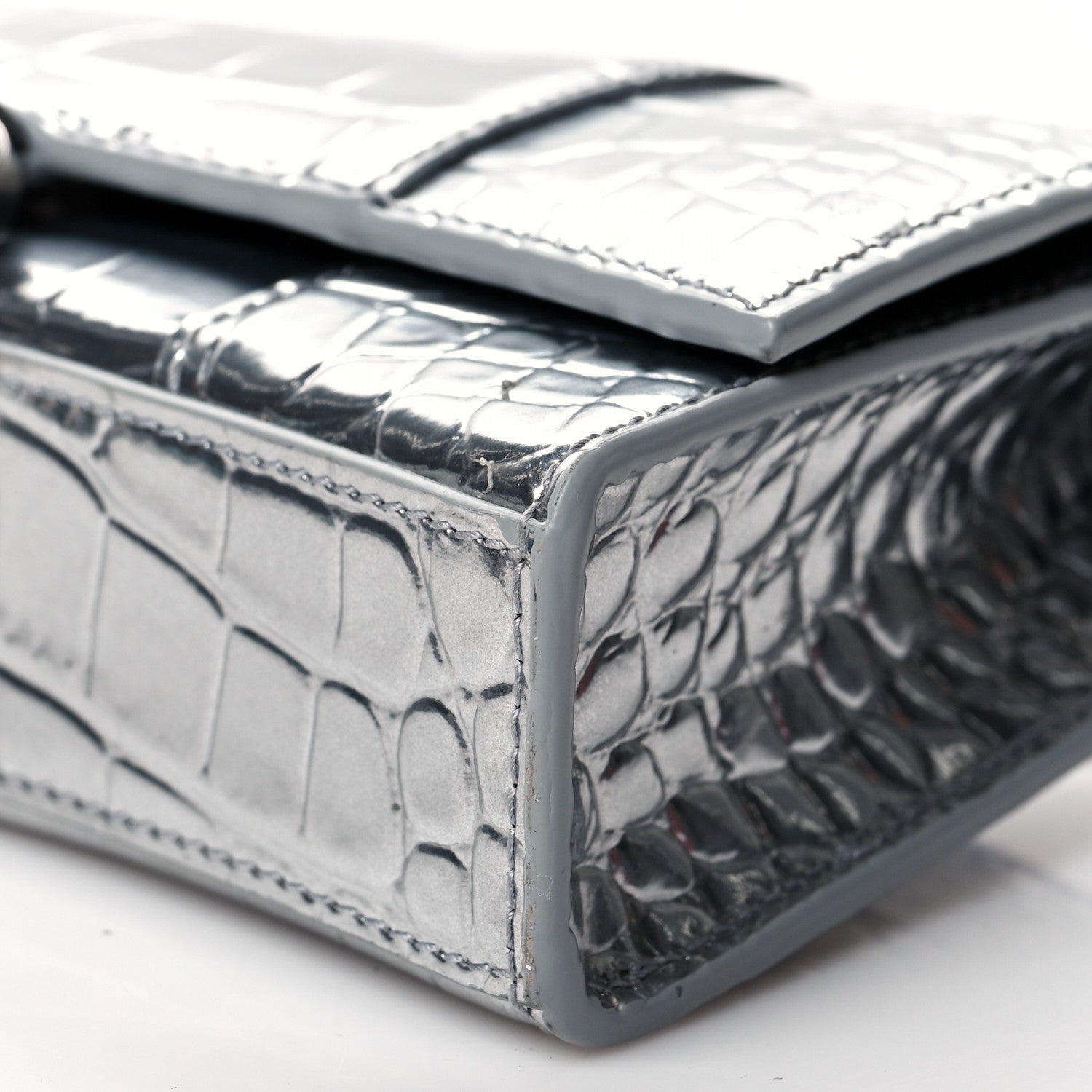 Balenciaga Metallic Calfskin Crocodile Embossed Hourglass Chain Bag Silver 8 of 8