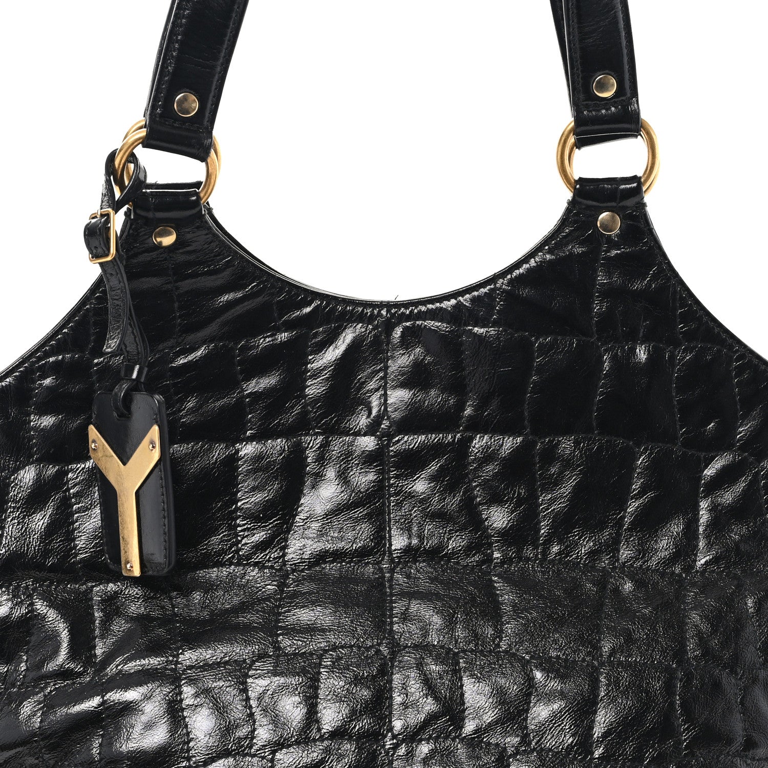 Saint Laurent Glazed Calfskin Crocodile Embossed Tribute Tote Black 8 of 12