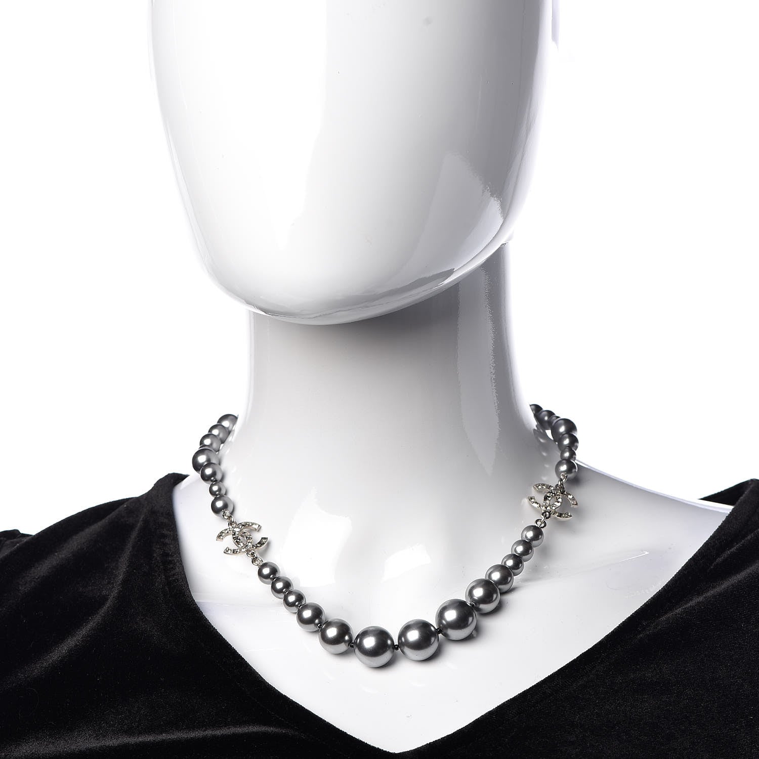 Chanel Crystal Baguette Graduated Pearl CC Short Necklace Silver Grey 2 of 5