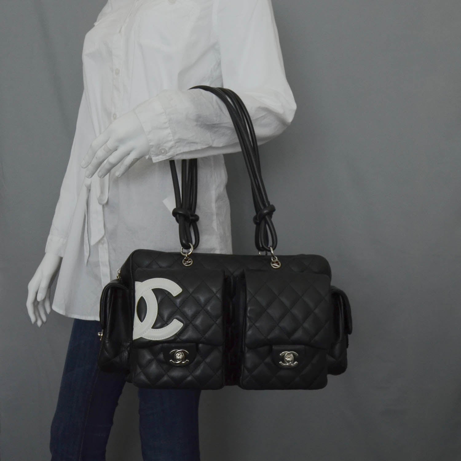 Chanel Calfskin Quilted Large Cambon Multipocket Reporter Black White 2 of 9