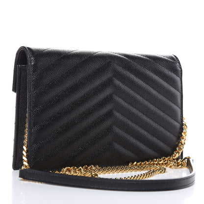 Saint Laurent Grain De Poudre Matelasse Chevron Monogram Envelope Chain Wallet Black 3 of 10