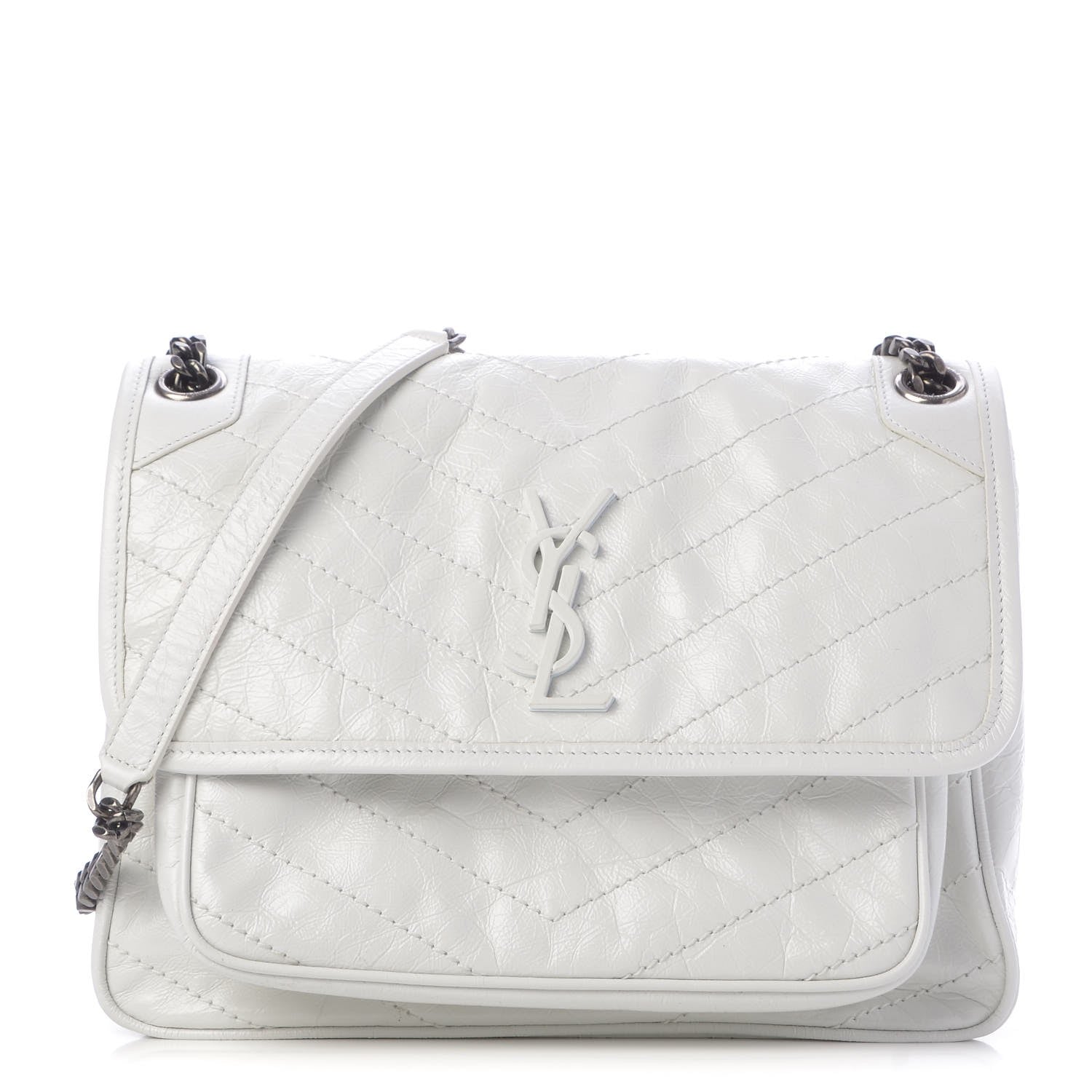 Saint Laurent Crinkled Calfskin Matelasse Monogram Medium Niki Chain Satchel Dirty White 1 of 11