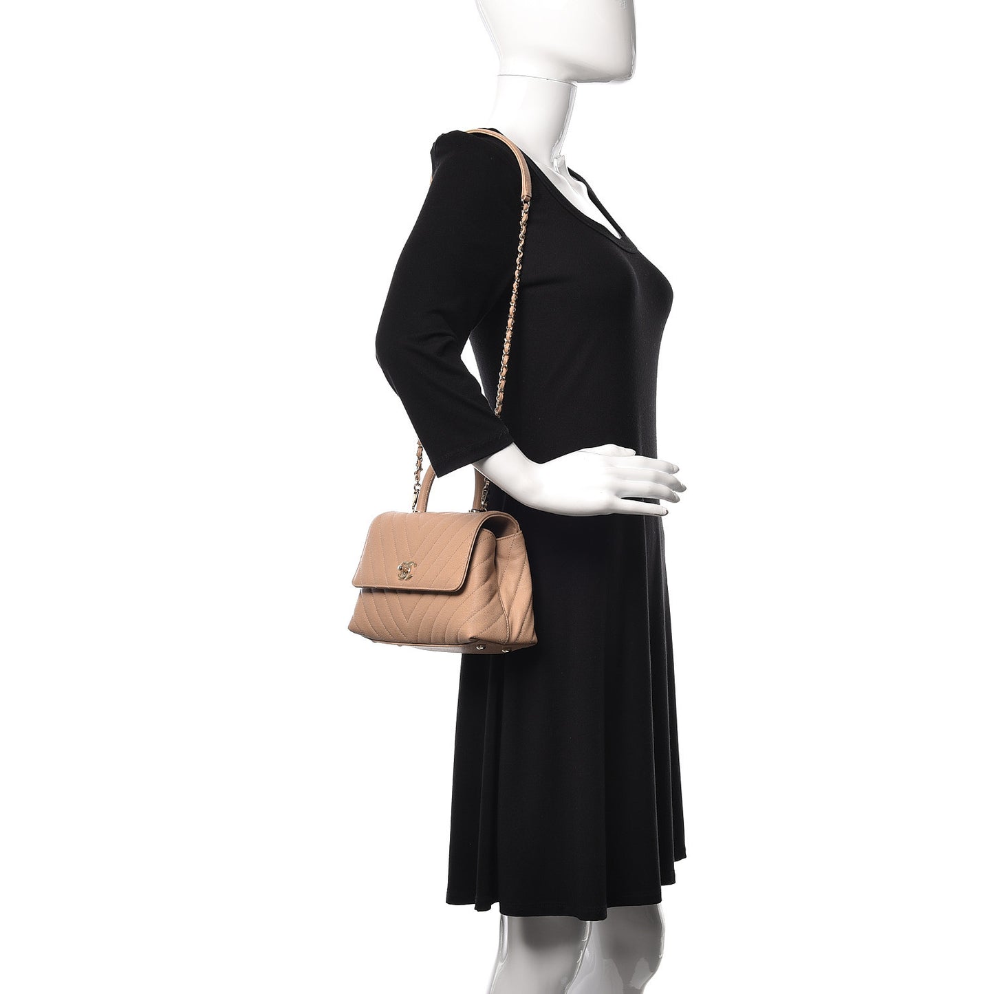 Caviar Chevron Quilted Mini Coco Handle Flap Beige