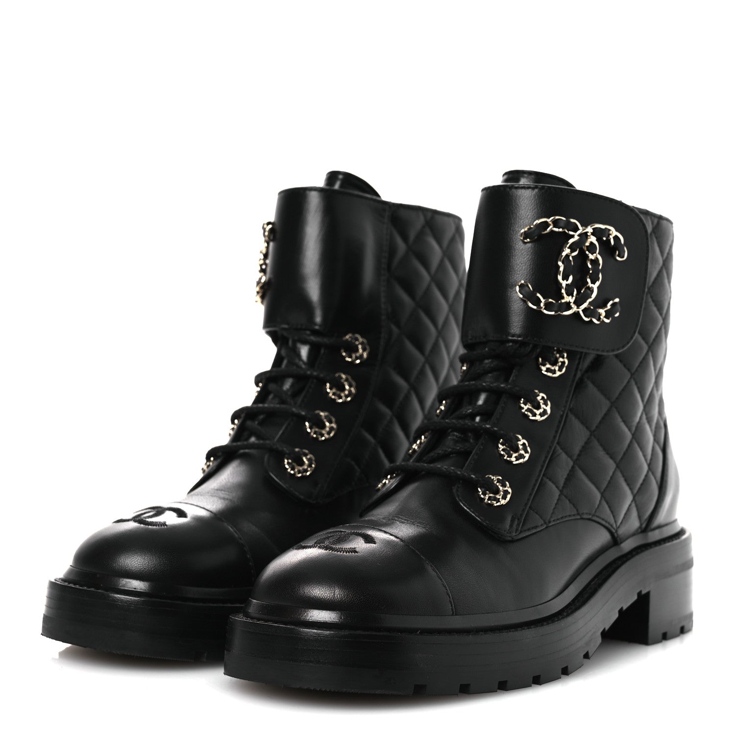 Chanel Shiny Lambskin Quilted Lace Up Combat Boots 37 Black 4 of 11