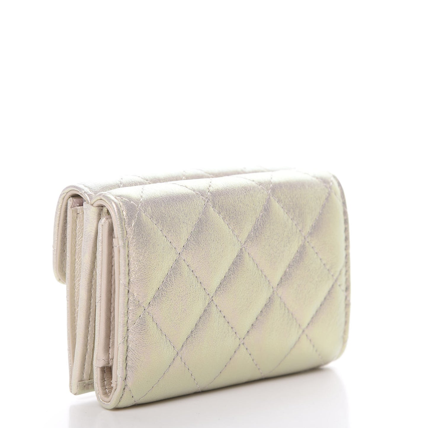 Iridescent Lambskin Quilted Double Flap Wallet Ivory
