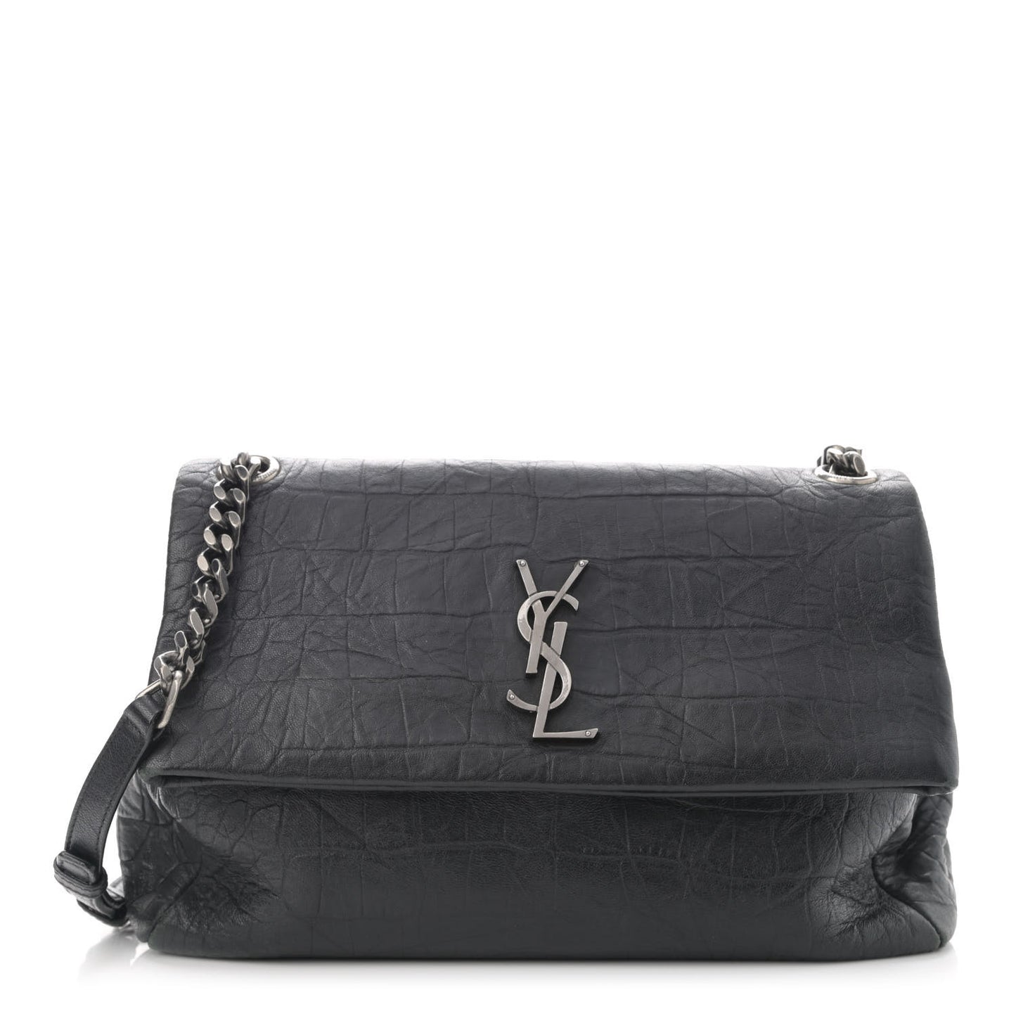 Calfskin Crocodile Embossed Medium West Hollywood Monogram Fold-Over Black