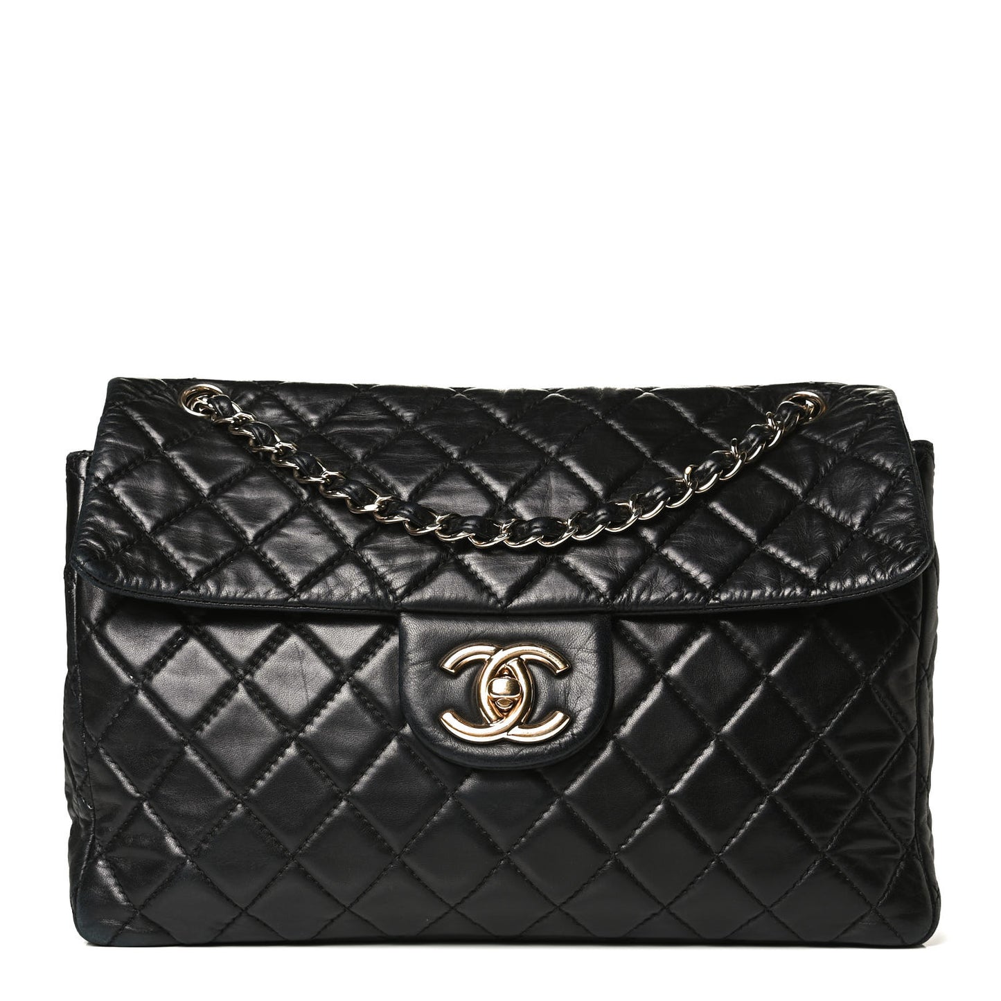 Washed Lambskin Quilted Maxi Single Flap Black