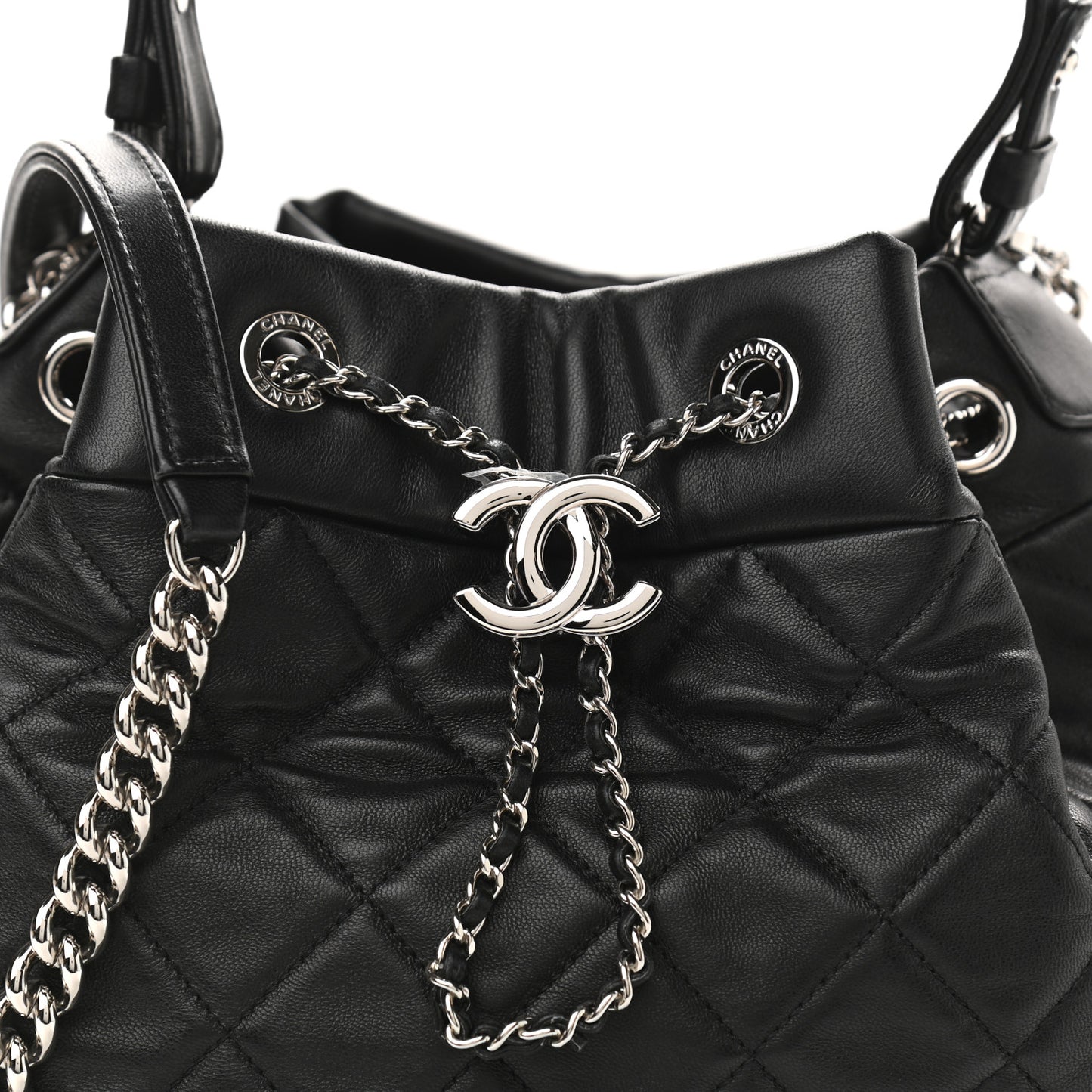 Lambskin Quilted CC Chain Drawstring Tote Black