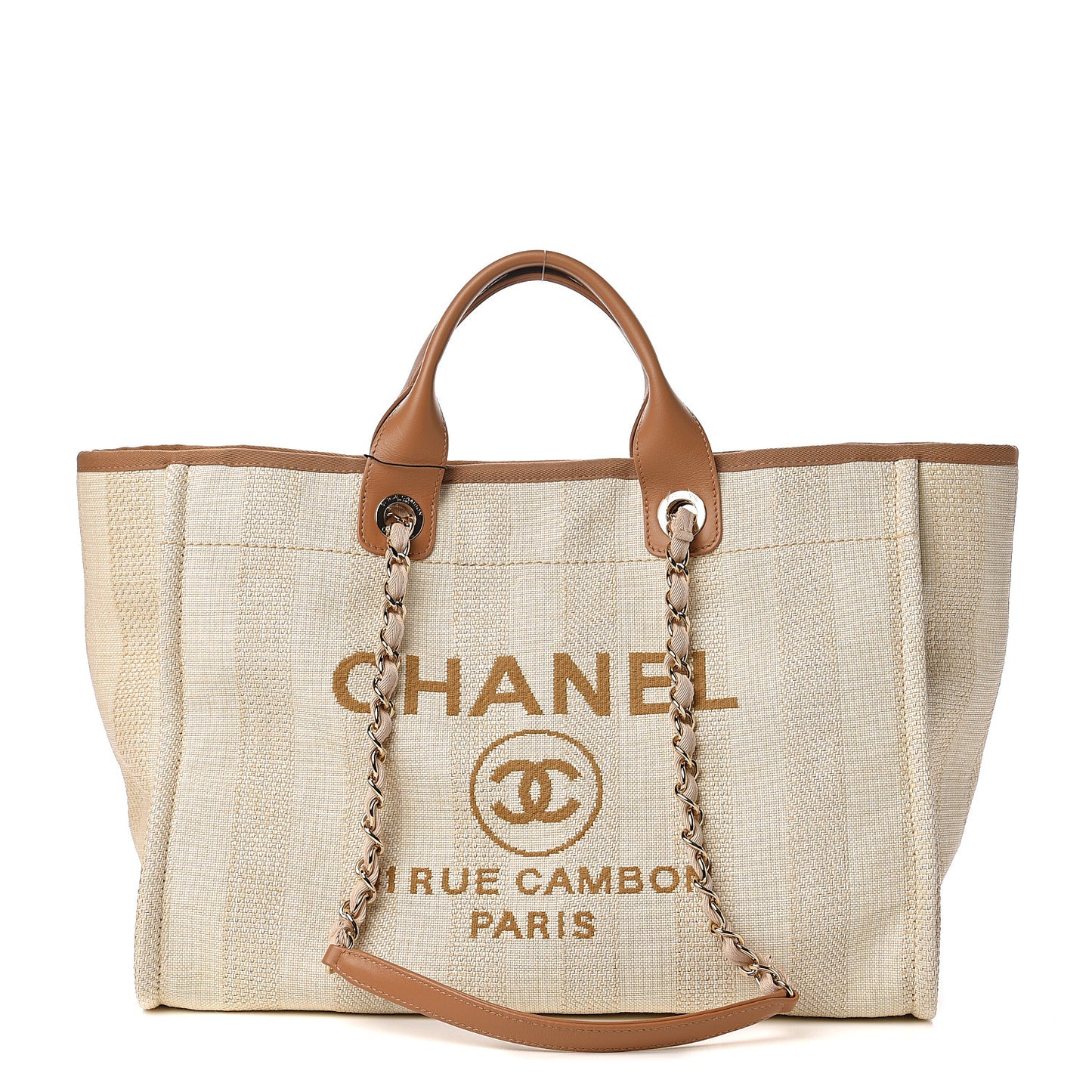 Straw Raffia Calfskin Striped Medium Deauville Tote Beige