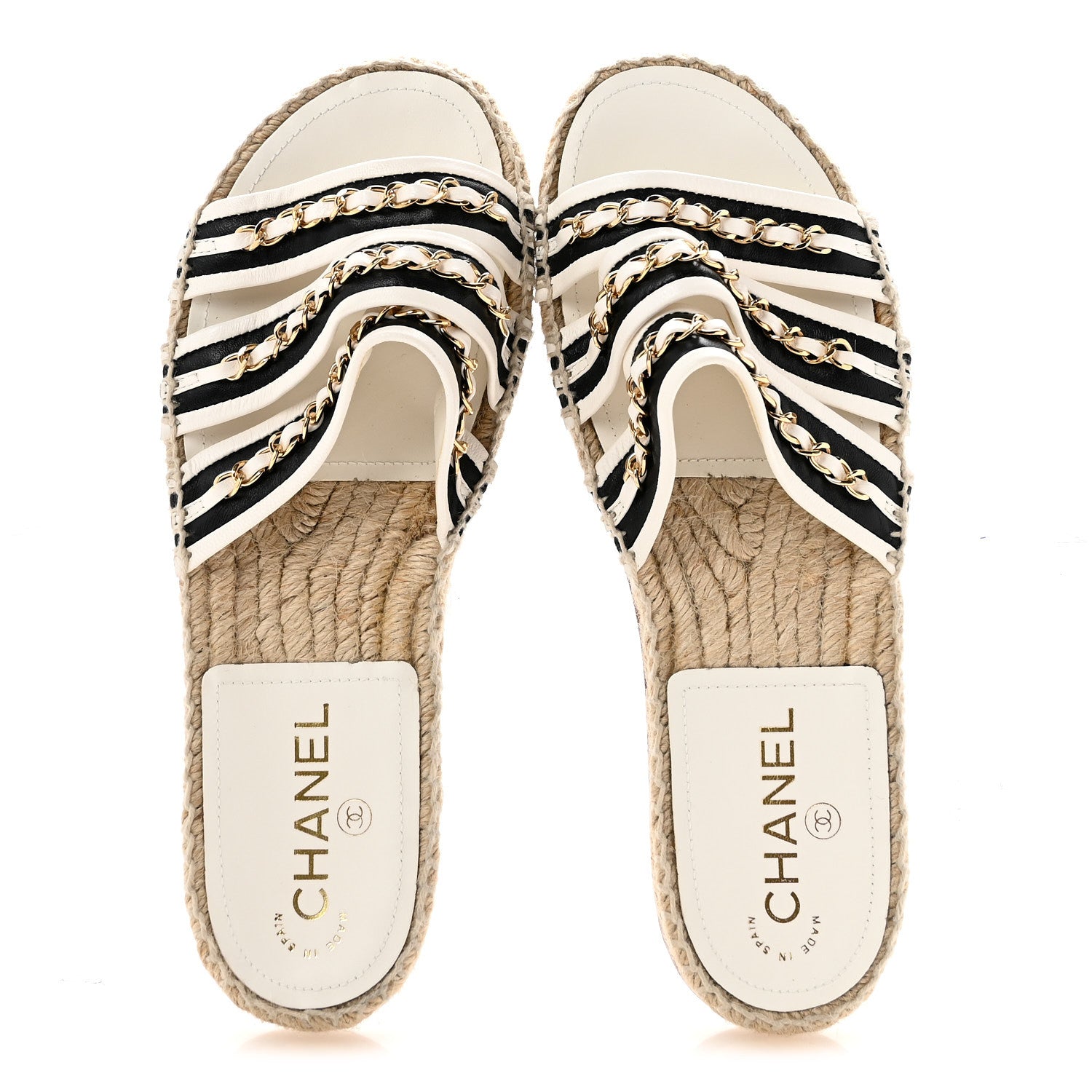 Chanel Lambskin Chain Espadrille Slip On Sandals 39 Black White 2 of 10