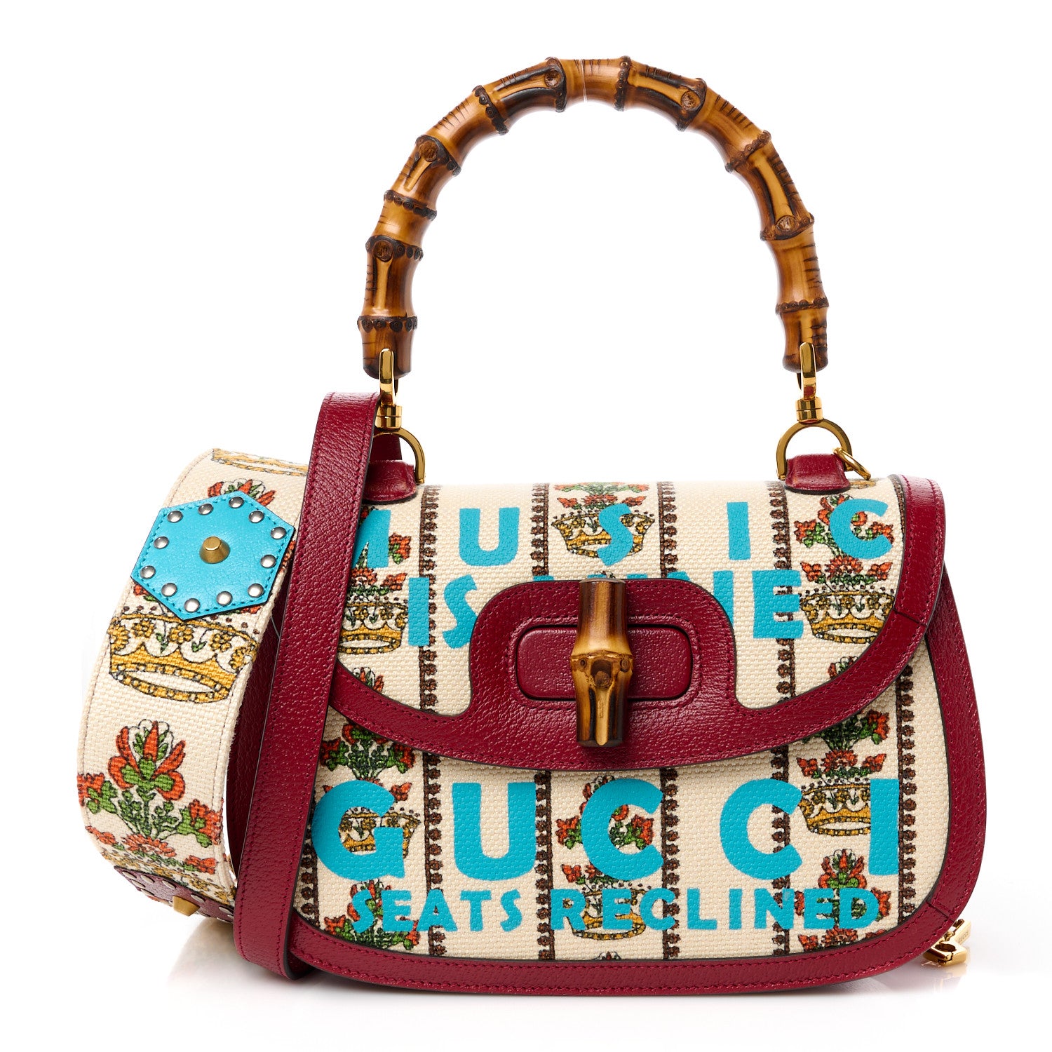 Gucci Canvas Calfskin 100 Centennial Music Small Bamboo 1947 Top Handle Bag Ivory Red 1 of 9