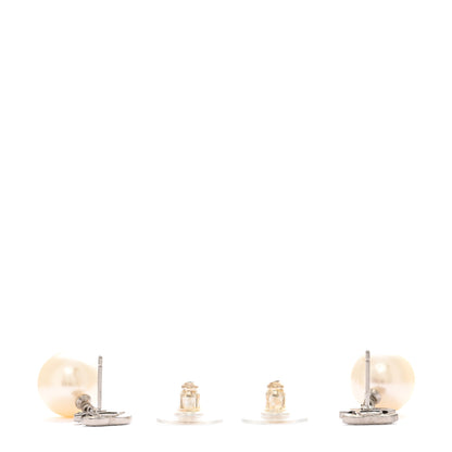 Chanel Crystal Pearl CC Drop Earrings Silver Pearly White 3 of 5